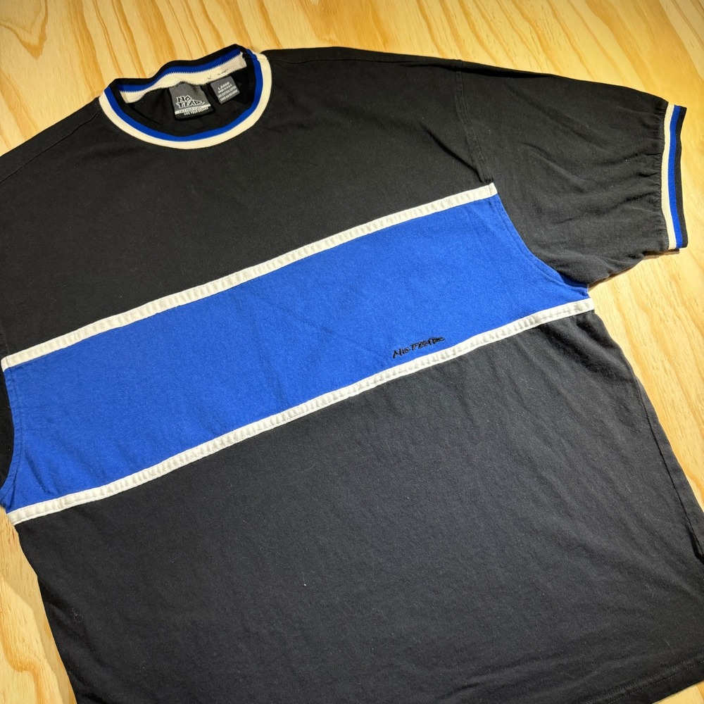 No Fear Men's Vintage Block Stripe Ribbed Collar T-Shirt Black Blue Size Large